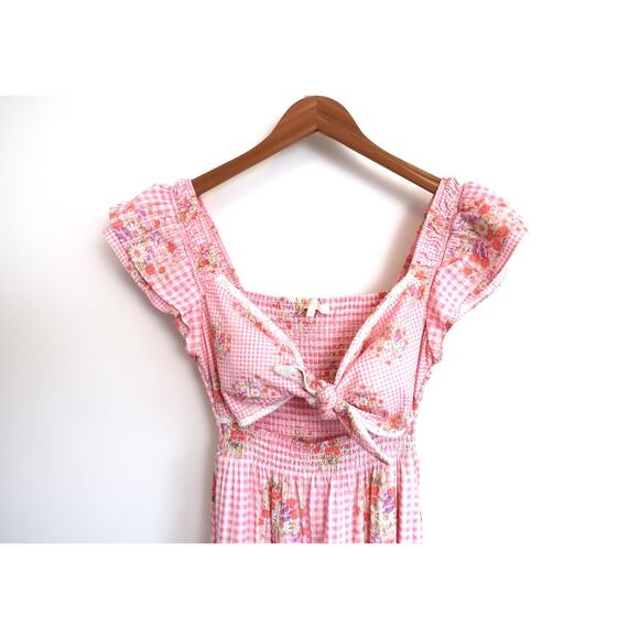 LOVESHACKFANCY Emeka Cotton Maxi Tie Front Gingham Floral Dress Revolve M $495 - Picture 5 of 14